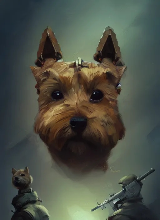 Image similar to norwich terrier as an soldier, backround dark, highly detailed, digital illustration, trending in artstation, modern painting, smooth, sharp focus, intricate, by peter mohrbacher