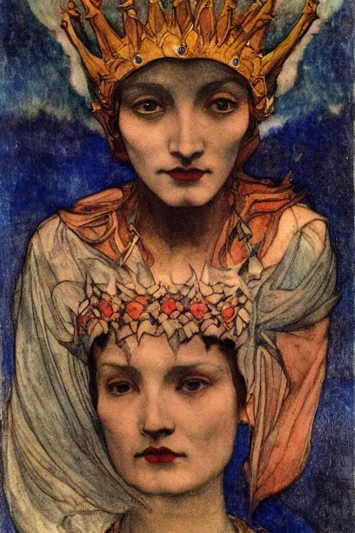 Image similar to the lantern crown, by Annie Swynnerton!!!! and Nicholas Roerich! and (Edmund Dulac) and ((((Diego Rivera)))), tattoos, elaborate costume, geometric ornament, symbolist, rich colors, dramatic lighting, smooth, sharp focus, extremely detailed