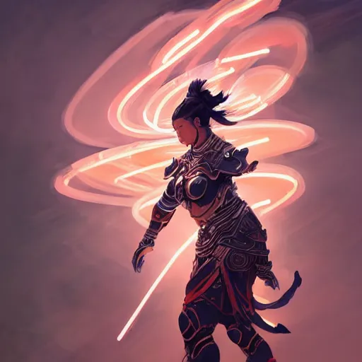 Image similar to curvy asian tribal armor girl, digital illustration by ruan jia on artstation, outlined by whirling illuminated neon lines and fine lines swirling in circles by jesper ejsing and rhads and makoto and shinkai and lois van baarle, digital art, trending on artstation - h 8 3 2