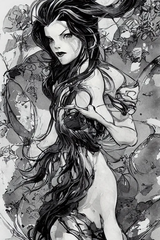 Image similar to the little mermaid illustrated by yoji shinkawa, ink, digital painting, highly detailed, trending on artstation, sharp focus, illustration, concept art, norman rockwell