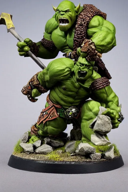 Image similar to a huge green orc swinging a battle axe. detailed painted Games Workshop miniature, studio lighting