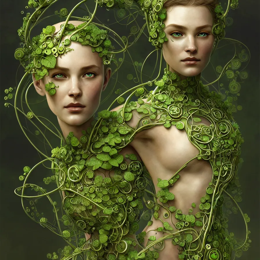 Prompt: organic cyborg, green vines sculpture with small flowers, diffuse lighting, fantasy, intricate, elegant, highly detailed, lifelike, photorealistic, digital painting, artstation, illustration, concept art, smooth, sharp focus, art by john collier and albert aublet and krenz cushart and artem demura and alphonse mucha