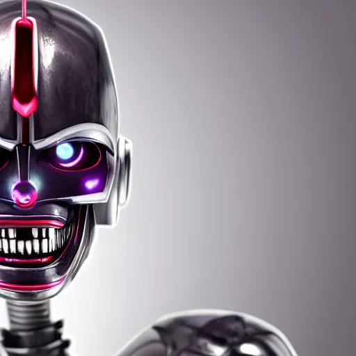 Image similar to portrait of a menacing evil villain robot, glowing dark red eyes, metal teeth, purple tubes, striking, Terminator, Ultron, sci-fi, C-3PO