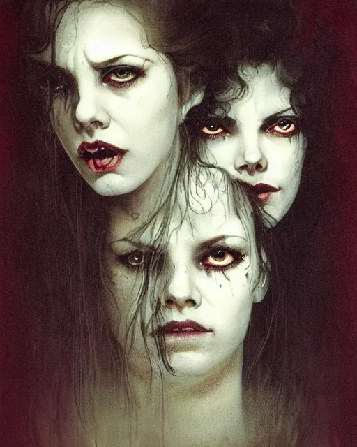 Image similar to two handsome but sinister, creepy young women in layers of fear, with haunted eyes and wild hair, 1 9 7 0 s, seventies, wallpaper, a little blood, moonlight showing injuries, delicate embellishments, painterly, offset printing technique, by john howe, brom, robert henri, walter popp