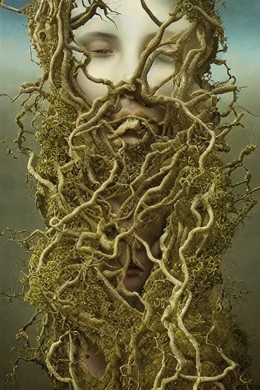 Image similar to Intricate stunning highly detailed portrait of mother earth, 🌱, by agostino arrivabene and Vladimir Kush, surreal, digital painting, ultra realistic, dramatic lighting, twisted vines, lush plants, pristine water, artstation