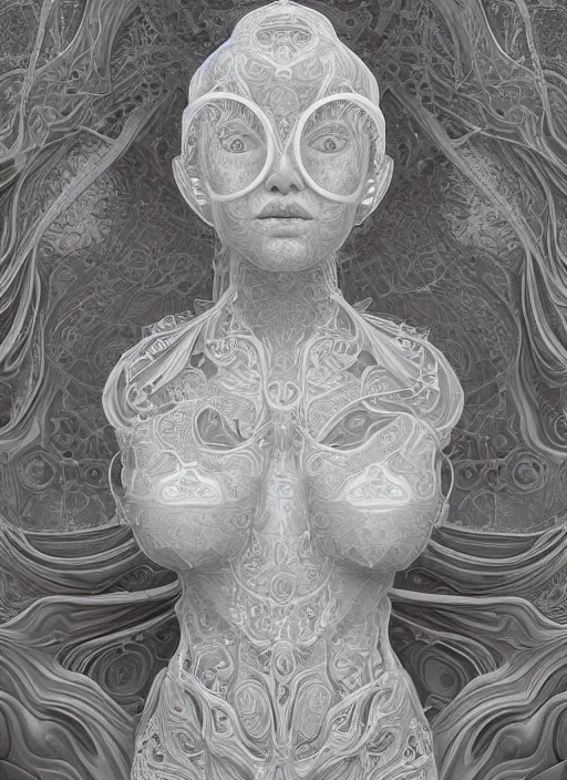 Image similar to opalescent marble sculpture of beautiful woman, glistening, mandelbulb, hypercube, ivory carving, fractal paisley inlay, lace, intricate, elegant, highly detailed, ivory, artgerm, lace, by ruan jia and greg rutkowski