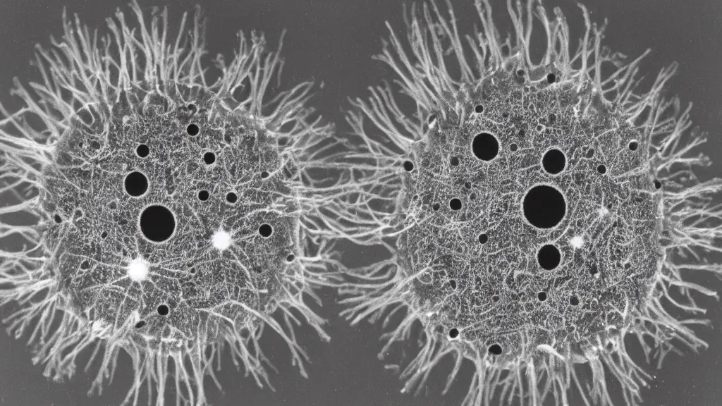 Image similar to a beautiful microscopic scientific photo of a coronavirus and a smiley face seen through the electron microscope, dark, sinister, detailed, by philip henry gosse and ernst haeckel