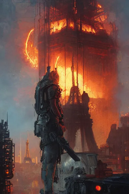 Prompt: in the foreground a brown man from behind with flames in his hands second plan paris in cyberpunk, intricate, highly detailed, digital painting, artstation, concept art, matte, sharp focus, illustration, art by artgerm and greg rutkowski and alphonse mucha