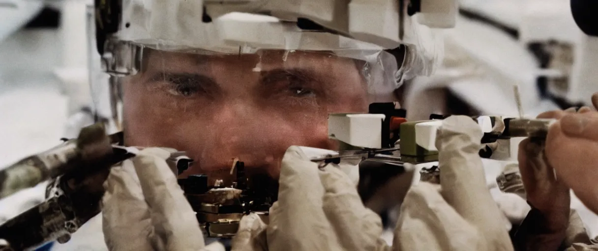 Image similar to filmic extreme close up shot movie still 4 k uhd interior 3 5 mm film color photograph of a scientist putting his hands into the mouth of a camouflaged solder in a lab in antarctica