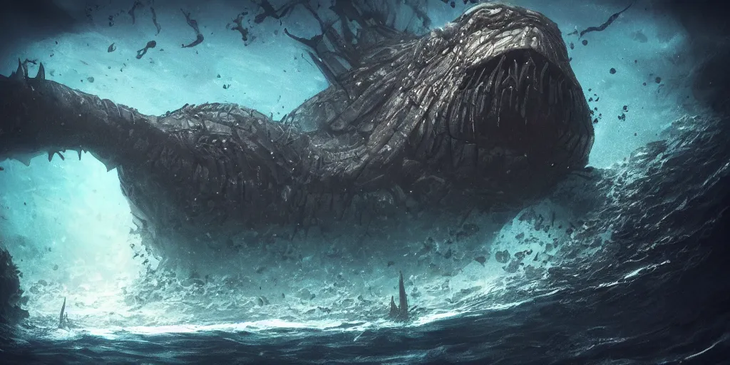 Prompt: Deep underwater with an enormous evil creature looming in the distance, digital art, trending on Artstation,
