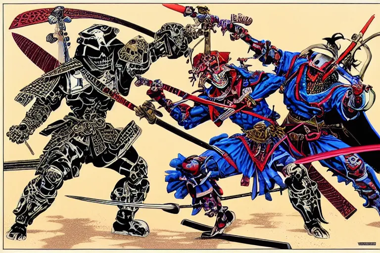 Prompt: portrait of two crazy skeletor samurais battle each other, with japanese armor and helmet, by yoichi hatakenaka, masamune shirow, josan gonzales and dan mumford, ayami kojima, takato yamamoto, barclay shaw, karol bak, yukito kishiro
