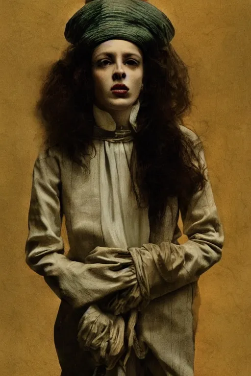 Image similar to hyperrealism close - up fashion portrait by roversi photo from the holy mountain by alejandro jodorowsky in style of francisco goya