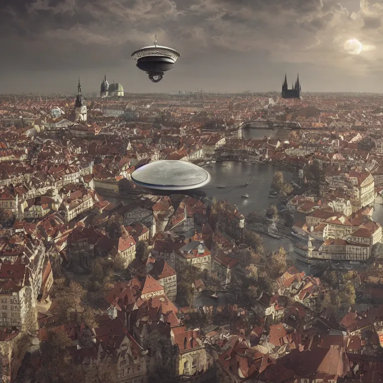 Prompt: old photo ufo flying saucer landing in 1493, Prague in the background, beautiful detailed intricate insanely detailed 3D render digital art, octane render, 8K artistic portrait photography, photorealistic digital art, realistic volumetric lighting