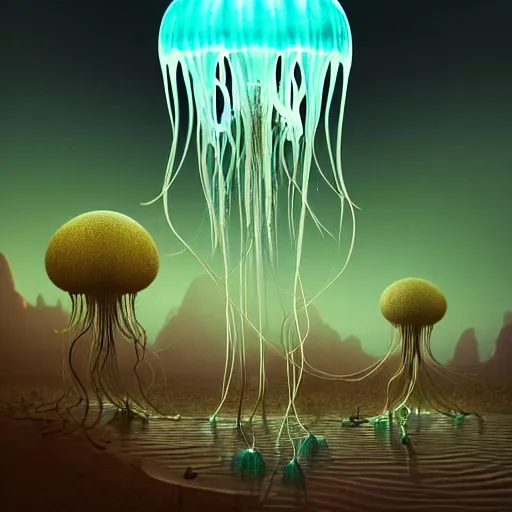 Image similar to creature jellyfish in a desert lush vegetation, warm tones, night, water reflection, bioluminescent translucent : : by michal karcz, daniel merriam, victo ngai and guillermo del toro : : ornate, dynamic, particulate, intricate, elegant, highly detailed, centered, artstation, smooth, sharp focus, octane render, 3 d