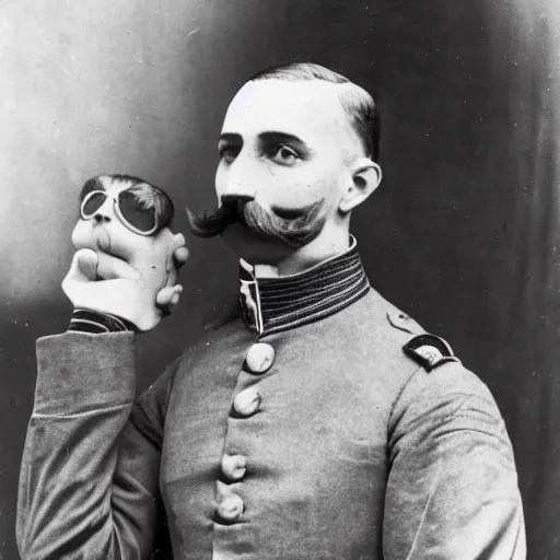 Prompt: the famous pilot francesco baracca, with small mustaches, with a buzzcut, in regia areonautica's uniform, holding a plushie, perfect face, made by a early century photographer