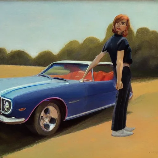 Prompt: Half body portrait with car, dated a woman that lived on Cooterneck Road, She had a catfish Camero and was cooler than me, by Edward Hopper, Bo Bartlett, and Cynthia Sheppard, Artstation