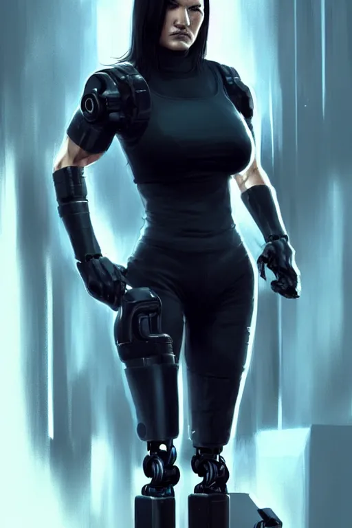 Prompt: gina carano with robotic left arm, casual black clothing, muscular, casual pose, large portrait, cyberpunk, digital painting, artstation, concept art, smooth, 8 k frostbite 3 engine, ultra detailed, art by artgerm and greg rutkowski and magali villeneuve