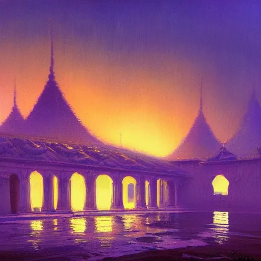 Image similar to a beautiful painting of a dimly lit temple with blue and purple sources of light by bruce pennington, trending on artstation