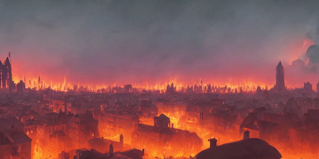 Prompt: a grand medieval city on fire at night, densely packed city, intense lighting, from a distance, castle in the distance on top of a hill, intense smoke, burning down, intense flames, lots of embers, center focus, landscape by simon stalenhag, rendered by beeple, by makoto shinkai, digital art