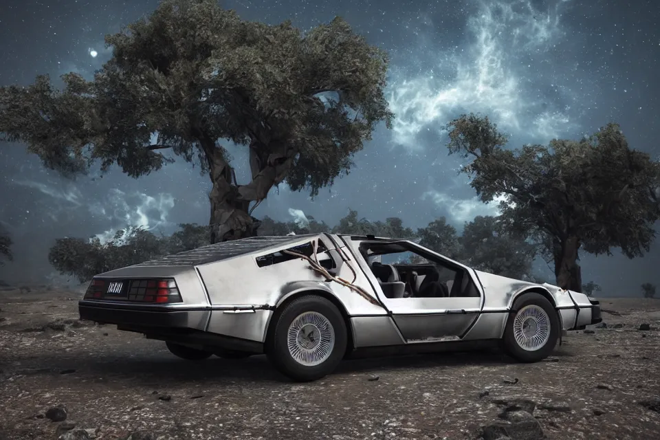 Image similar to ultra realistic delorean dmc 5 on remote ancient highway wreckage in space, dark cinematic, volumetric, realistic, 3 d render, realistic render, cinematic lighting, volumetric lighting, atmospheric, cinematic, unreal engine 5, unreal engine render, octane render, hd, photorealism, hyper realistic, 8 k