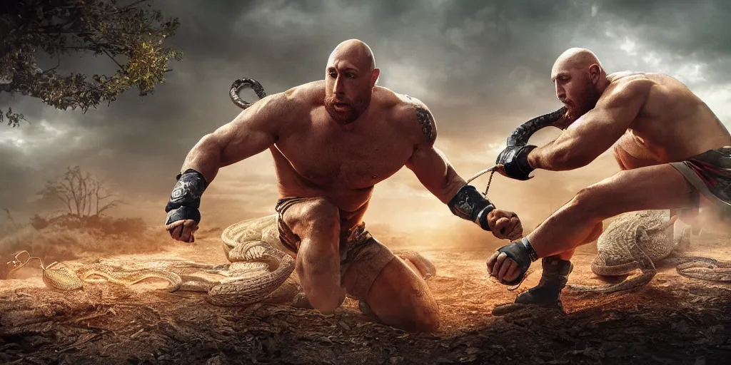 Image similar to The Ryback fighting a snake outdoors, highly detailed, intricate, digital illustration, hyperrealistic, photorealistic, ultra hd, cinematic lighting, award-winning, 4k, beautiful color, high quality, high textured, lens flare