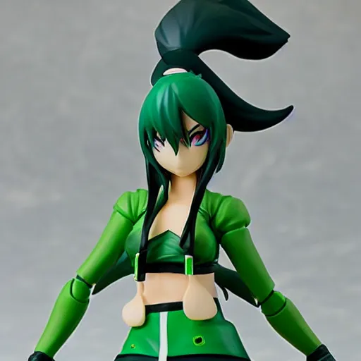 Image similar to league of legends akali as a Figma doll. Posable anime figurine. Kunai, Kama-wielding, green facemask, green outfit. PVC figure 12in.