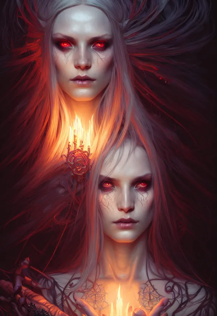 Image similar to Necromancer Sorceress face in center, fantasy magic, undercut hairstyle, dark light night, intricate, elegant, sharp focus, illustration, highly detailed, digital painting, concept art, matte, art by WLOP and Artgerm and Greg Rutkowski and Alphonse Mucha, masterpiece