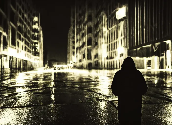 Image similar to boy from the back with a black hoodie, in the sky an illuminated angel stares at him, empty city street at night, heavy rain, cars parked, dramatic lighting, cinematic, establishing shot, extremly high detail, photorealistic, cinematic lighting, post processed