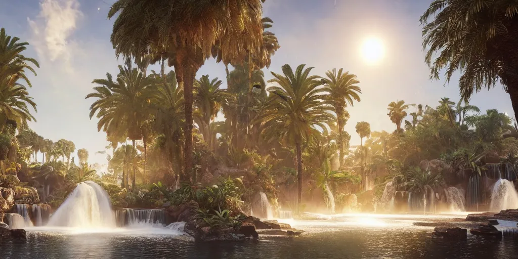 Image similar to beautiful oasis waterfalls surrounded by palm trees, moroccan tile archways, date trees, ivory towers, sun setting, ross tran, nephilim, pyroclastic flow, ethereal, fantasy, james jean, oozium, peter morbacher angelarium alchemy luxury heavenly light soft illumination, trending on artstation, cinematic lighting, digital painting, octane render, artgerm