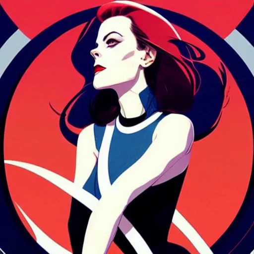 Image similar to Joshua Middleton comic art, wide shot, stunning elegant female Natalie Wood, white mask, beautiful evil sneer, symmetrical face, symmetrical eyes, leather clothing and boots, long straight red hair, full body, Indigo occult pattern