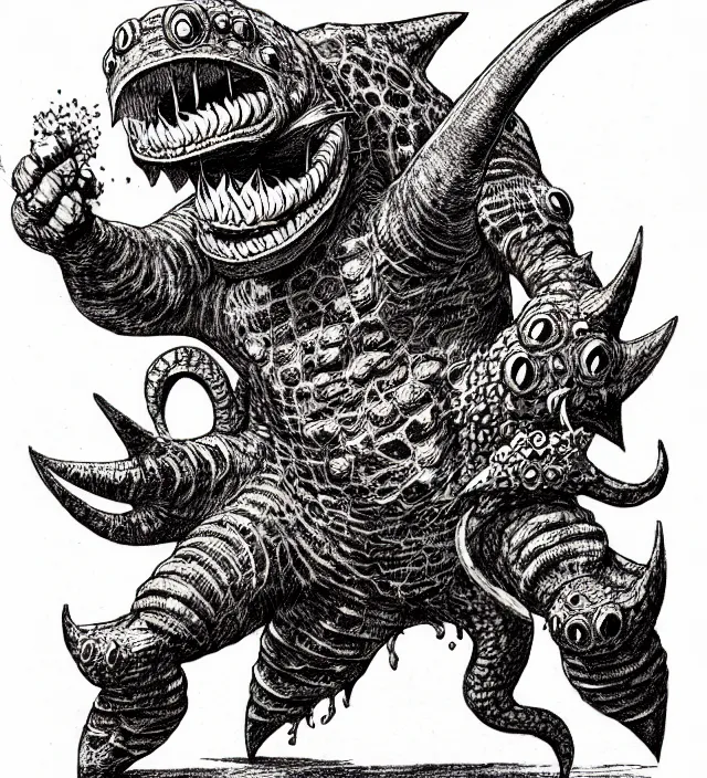 Image similar to a nintendo octorok as a d & d monster, pen - and - ink illustration, etching, by russ nicholson, david a trampier, larry elmore, 1 9 8 1, hq scan, intricate details, high contrast, no background