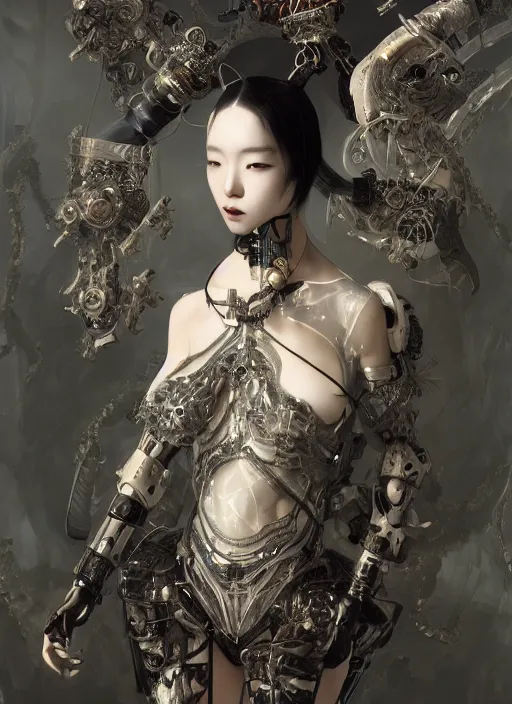 Image similar to portrait of a futuristic korean latex goth girl cyborg, modern fine art, fractal, intricate ornaments, elegant, highly detailed, digital photography, subsurface scattering, by jheronimus bosch and greg rutkowski,