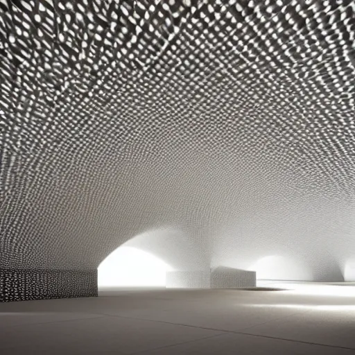 Image similar to data driven architecture, underground desert pavilion, open to sky, voronoi, sculpture, light,