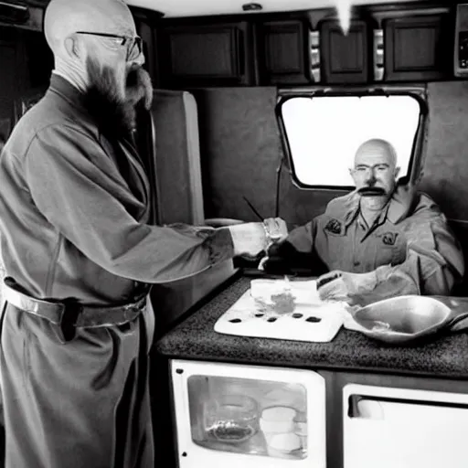 Image similar to still of walter white and stalin cooking meth, ziploc bags full of meth, interior of rv, b&w filter