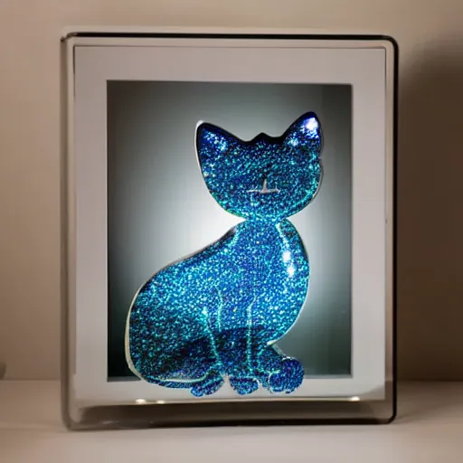 Prompt: a glass artwork in the shape of a cat,advertising photo, studio lighting