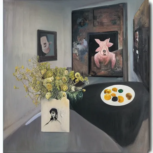 Image similar to “a portrait in an art student’s apartment, recursive pig paintings on the wall, pork, ikebana white flowers, white wax, squashed berries, acrylic and spray paint and oilstick on canvas, by munch and Dali”