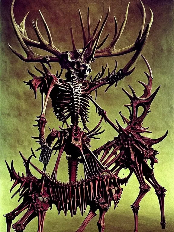 Prompt: A little vibrant. A spiked horned detailed semideer-semihuman skeleton with armored joints stands in a large cavernous dark castle with a pebble in hands. Wearing massive shoulderplates, cloak. Extremely high details, realistic, fantasy art, solo, masterpiece, bones, ripped flesh, colorful art by Zdzisław Beksiński, Arthur Rackham, Dariusz Zawadzki, Harry Clarke