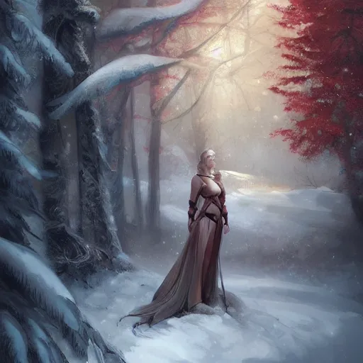 Image similar to a painting of a goddess in a snowy forest, a digital painting by Charlie Bowater, featured on cgsociety, fantasy art, detailed painting, artstation hd, ilya kuvshinov