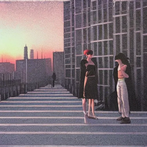 Image similar to a small rooftop with a couple of modern teenagers, standing and talking to each other, highly detailed, wearing black modern clothes, modern shanghai bund is on the background, dust, sunset, by gregory crewdson, carlos schwabe