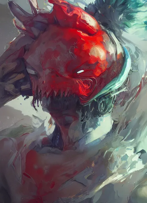 Image similar to semi reallistic gouache gesture painting, by yoshitaka amano, by ruan jia, by Conrad roset, by dofus online artists, detailed anime 3d render watermelon monster, watermelon terrible monster, antrophomorfic watermelon, portrait, cgsociety, artstation, rococo mechanical, Digital reality, sf5 ink style, dieselpunk atmosphere, gesture drawn