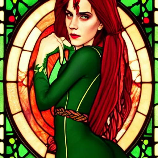 Prompt: a stunning stained glass window of emma watson as poison ivy with hair tied in a braid and wearing a seductive red and green dress, dark eyeliner, purple and green fire, intricate, elegant, highly detailed, digital painting, artstation, concept art, sharp focus, illustration, art by greg rutkowski and alphonse mucha