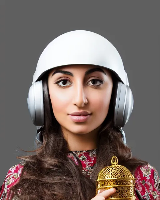 Image similar to centered medium shot fine studio photograph of a beautiful persian girl wearing a mecha electronic helmet with led lights and persian golden ornaments, ultra-realistic, white background, 8k HDR morning light, intricate detail