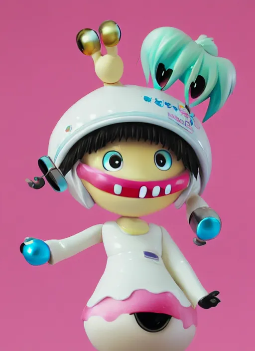 Prompt: a hyperrealistic lowbrow oil panting of a looney kawaii vocaloid figurine caricature with a big dumb goofy grin and pretty sparkling anime eyes featured on Wallace and Gromit by studio trigger