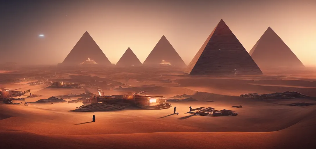 Prompt: view from the desert ground of futuristic blade runner pyramids architecture, light rays, symmetry, cinematic lighting, ultra detailed, sharp, ambient occlusion, bloom, raytracing, by greg rutowski, finnian macmanus and jessica rossier