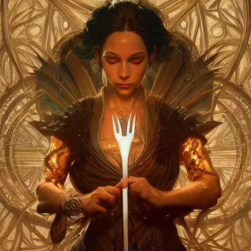 Image similar to legendary magic fork, D&D, fantasy, intricate, cinematic lighting, highly detailed, digital painting, artstation, concept art, smooth, sharp focus, illustration, art by Artgerm and Greg Rutkowski and Alphonse Mucha