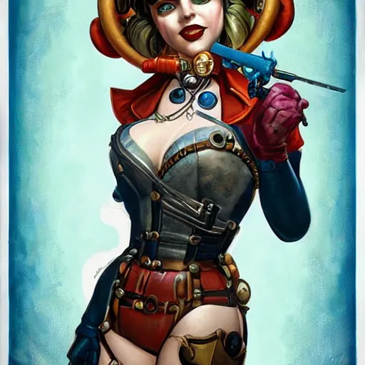 Prompt: bioshock steampunk portrait of harley quinn in bikini, Pixar style, by Tristan Eaton Stanley Artgerm and Tom Bagshaw.
