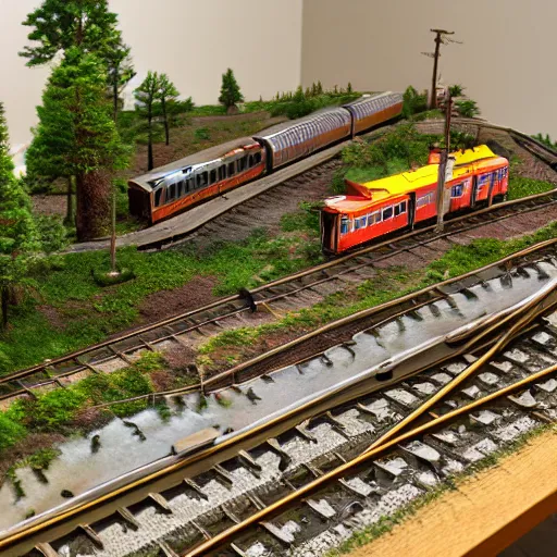 Image similar to a detailed photo of a railway diorama, zoom, model trees, table, studio lighting