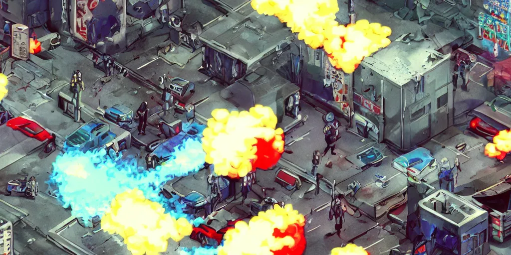 Image similar to 1992 Video Game Screenshot, Anime Neo-tokyo Cyborg bank robbers vs police, Set in Cyberpunk Bank Vault, bags of money, Multiplayer set-piece :9, Police officers hit by bullets, Police Calling for back up, Bullet Holes and Blood Splatter, :6 ,Hostages, Smoke Grenades, Large Caliber Sniper Fire, Chaos, Cyberpunk, Money, Anime Bullet VFX, Machine Gun Fire, Violent Gun Action, Shootout, Escape From Tarkov, Payday 2, Highly Detailed, 8k :7 by Katsuhiro Otomo + Studio Gainax : 8