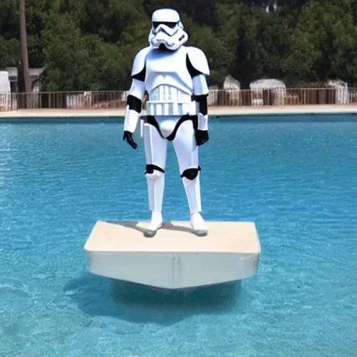 Image similar to storm trooper standing on diving board of olympic sized pool