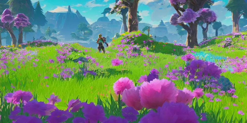 Prompt: ! dream colour theory cascading concept art of spring flower landscape in the style of breath of the wild, fortnite season 1 beautiful, fortnite graphics